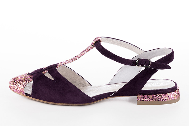 Carnation pink and amethyst purple women's open back T-strap shoes. Round toe. Flat block heels. Profile view - Florence KOOIJMAN